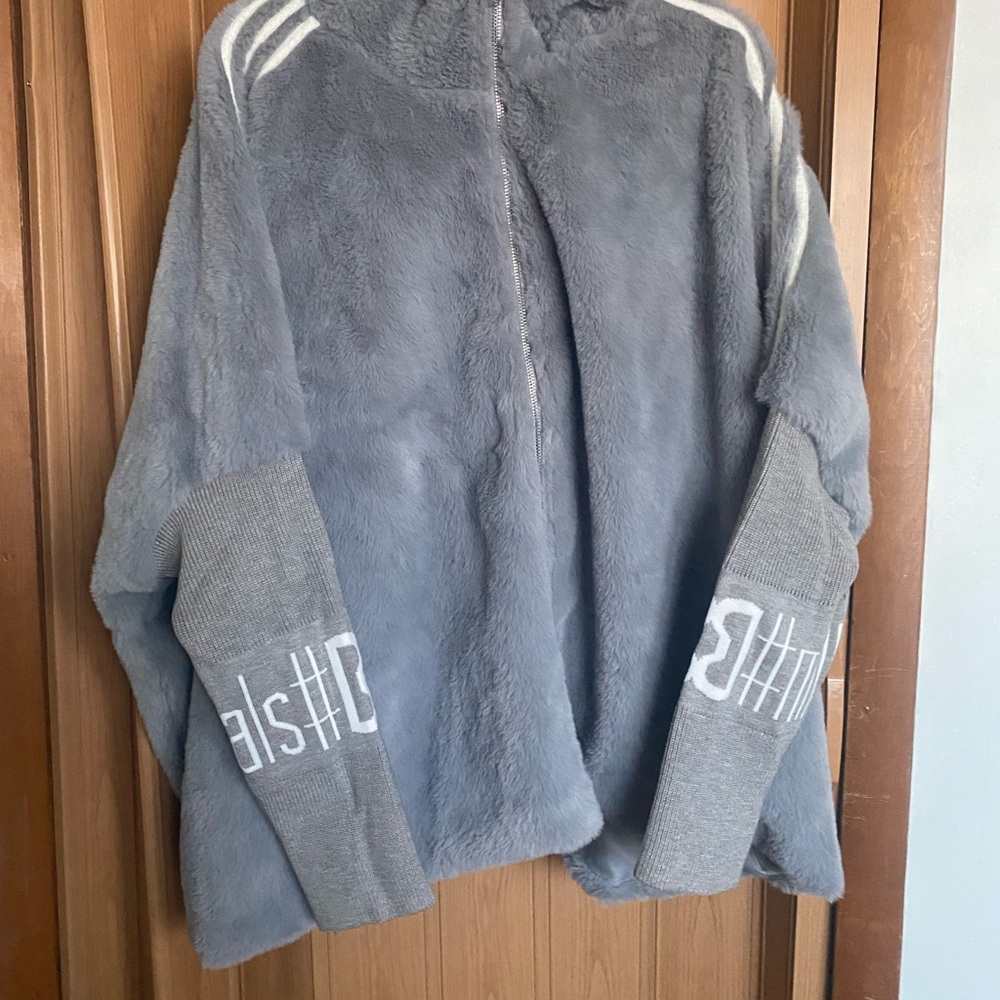 Gray Faux Fur Jacket with Knit Sleeves